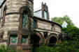 Curving stone walls of Alexander Hall on Princeton campus. Princeton, NJ.