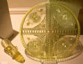 Vaseline or Uranium glass shoe by King Glass of Bridgeport, OH & medallion tray by unknown at Museum of American Glass. Milville, NJ.
