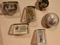 Pictorial adverting paperweights with photos at Museum of American Glass. Milville, NJ.