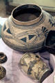 Rio Grande polychrome glazed pottery pot & barrel with geometric designs at Maxwell Museum of Anthropology. Albuquerque, NM.