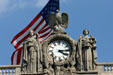 Clock, eagle & justice atop old Union Station. Albany, NY.