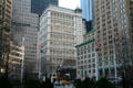 Base of City Hall Park looking to St. Paul's Chapel among Western Electric, AT&T, Millenium Hilton, & Buildings. New York, NY.