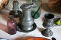 Pewter covered pitcher, beaker & antique bottles at Thomas Halsey Homestead. South Hampton, NY.