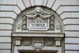 Lion holding garland over doorway of Jackson Tower. Portland, OR.