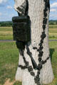 Detail of Pennsylvania 90th Infantry monument with bronze infantry pack at Gettysburg National Military Park. Gettysburg, PA.