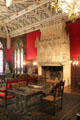 Gothic Room with carved fireplace, stained glass & ceiling at Marble House. Newport, RI.