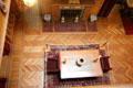 Great Hall fireplace & table views from balcony above at Chateau-sur-Mer. Newport, RI.