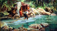 Stagecoach driver fending off bears, painting by Charles Hargens at Dakota Discovery Museum. Mitchell, SD.