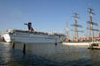 Cruise ship Ecstacy passes barque The Elissa. Galveston, TX.