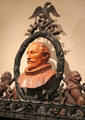 Bust of Cervantes under Mexican symbol of eagle & snake carved atop desk from Veracruz, Mexico at San Antonio Museum of Art. San Antonio, TX.