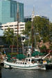 Tall ship moored on waterfront of Norfolk. Norfolk, VA.