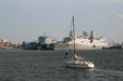 Cape Race navy cargo ship, USS Carter Hall & USS San Antonio amphibious transport dock in Norfolk harbor. Norfolk, VA.