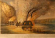 Graphic of The Blowing up of the James River Fleet on the night of the Evacuation of Richmond by Hoen & Co. at Hampton Roads Naval Museum. Norfolk, VA.
