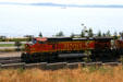 BNSF locomotive runs through Olympic Sculpture Park. Seattle, WA.