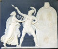 Wedgwood blue jasper plaque of peace preventing Mars from opening gates of Temple of Janus at Lady Lever Art Gallery. Liverpool, England.