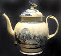 Porcelain punch-pot with blue outdoor party scene with picture of pot itself by John or Seth Pennington's factory, Liverpool at Walker Art Gallery. Liverpool, England.