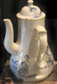 Tin-glazed stoneware coffeepot with handle & spout at right angle from Liverpool at Walker Art Gallery. Liverpool, England.