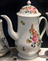 Porcelain coffeepot with multicolored design by Richard Chaffers' factory, Liverpool at Walker Art Gallery. Liverpool, England.