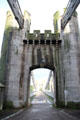 Detailed view of chains of Telford suspension bridge anchored to towers. Conwy, Wales.